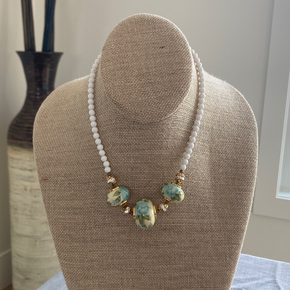 Vintage White Beaded Necklace with Blue-Green Floral Ceramic Focal Beads